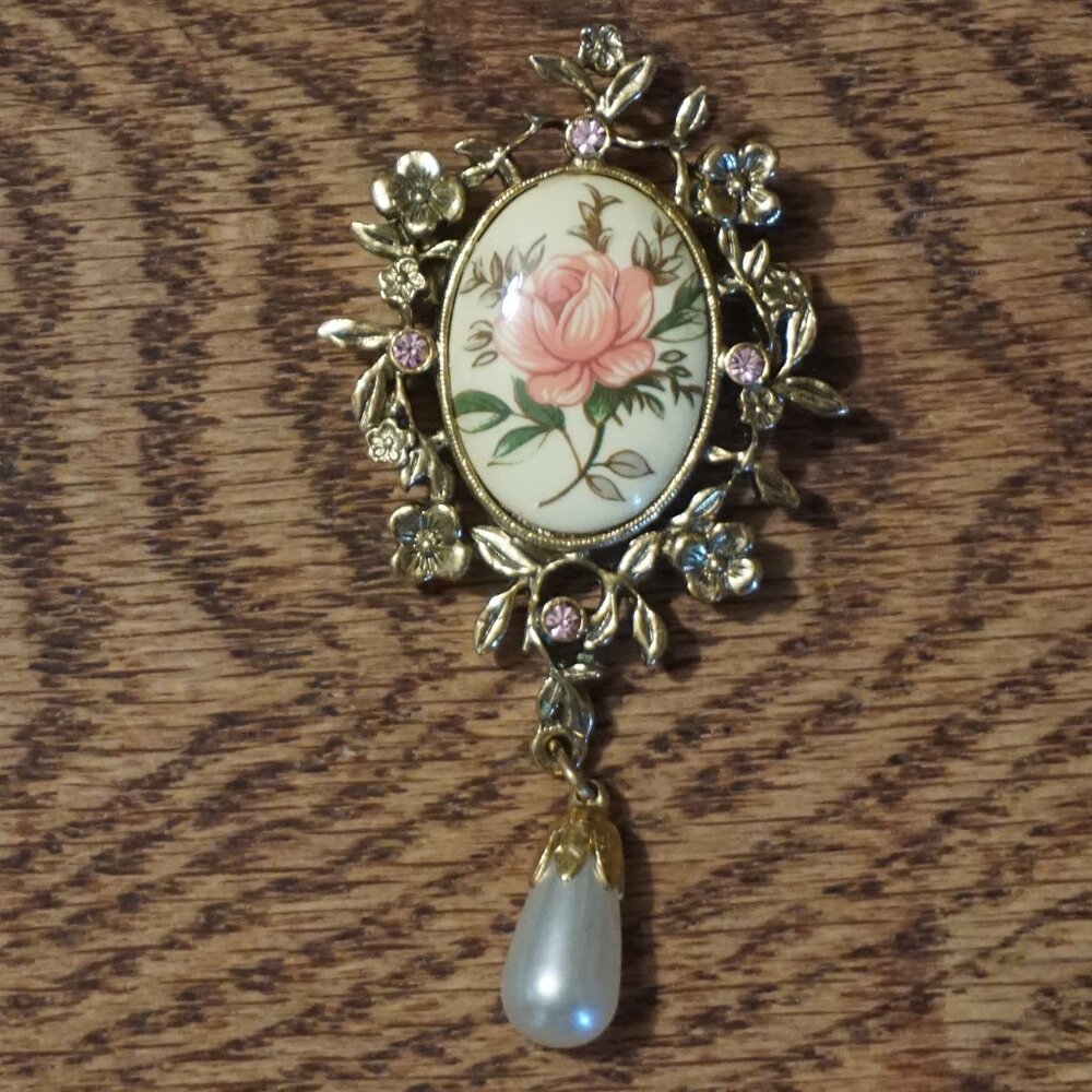 Vintage painted rose porcelain brooch with tear drop faux pearl